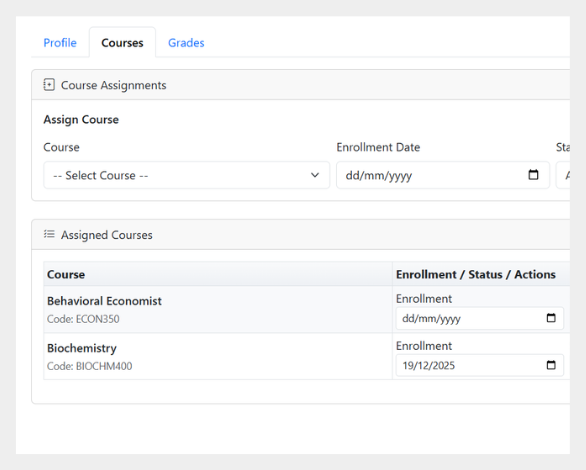 Assign course and grades student system