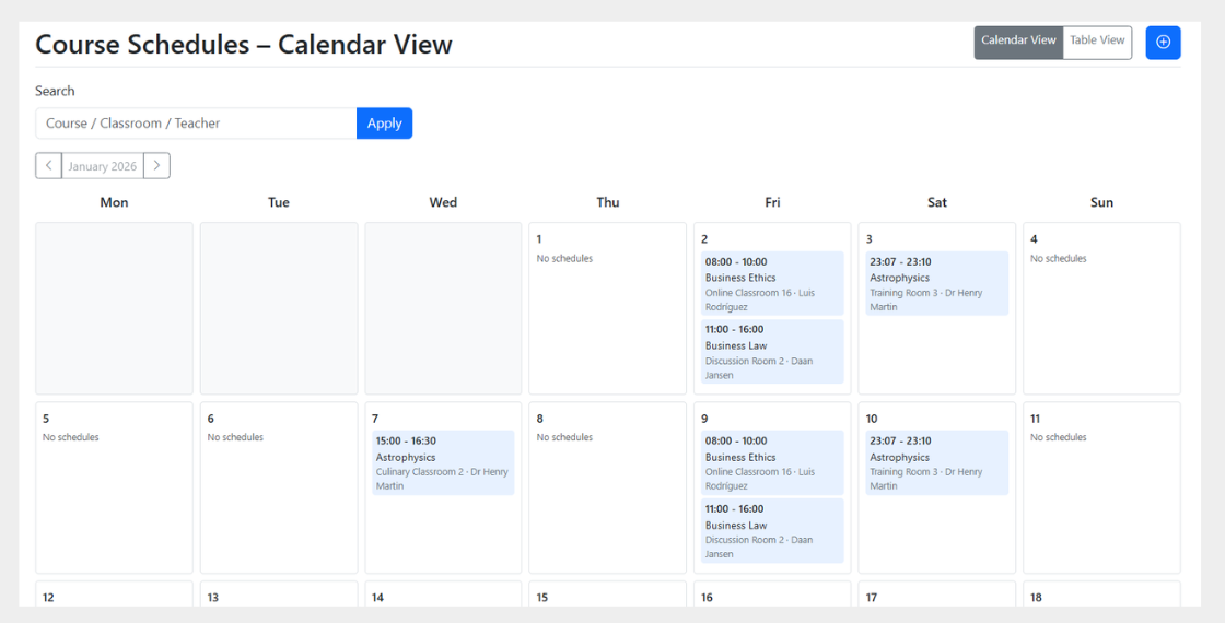 Calendar view course scheduling