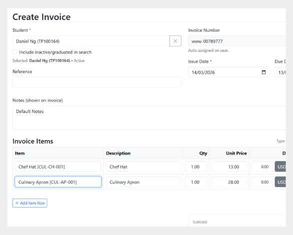Create Invoice and Billing for Students