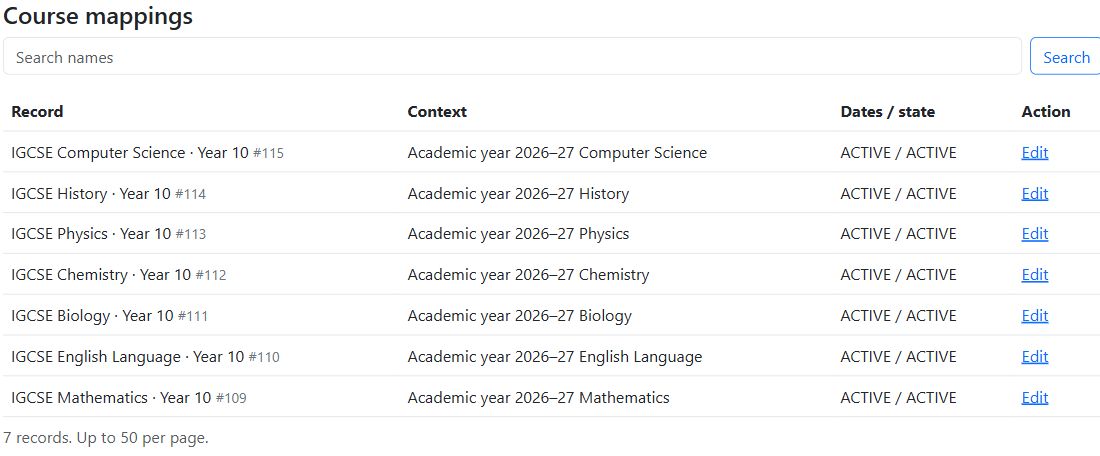 Seven IGCSE course offerings mapped to the 2026–27 academic year and reporting subjects