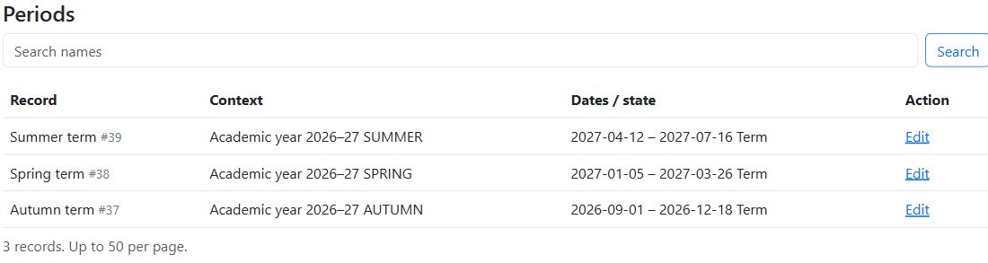 Autumn, spring and summer terms with coverage dates in the 2026–27 academic year