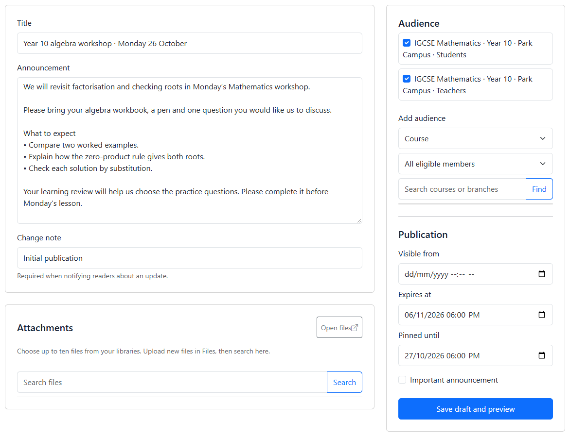 School announcement editor with selected audience, publication timing and priority controls