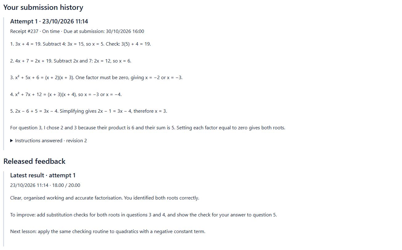 Student assignment submission with a released score and specific feedback on algebra methods