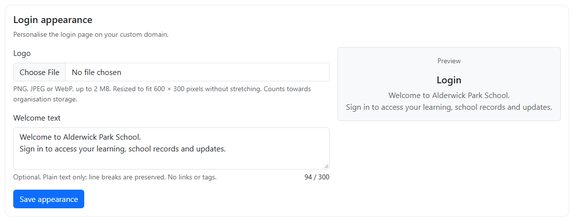 Custom-domain login appearance settings with welcome text and a school login preview