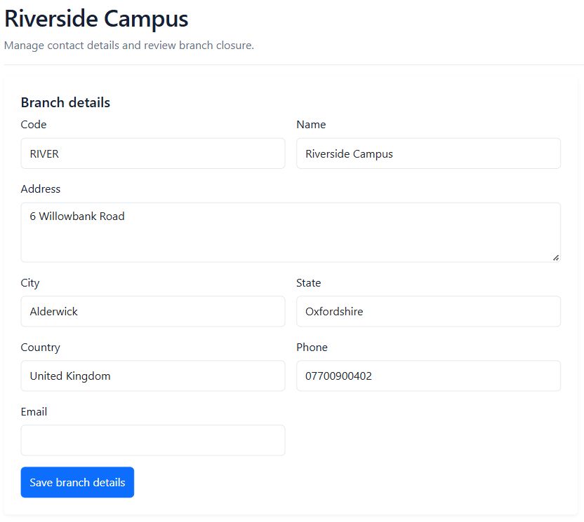 Riverside Campus record with its branch code, address and contact details