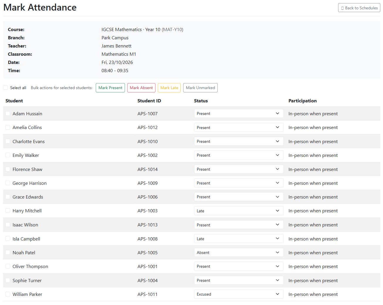 Populated Mathematics class register with students, attendance statuses and session details