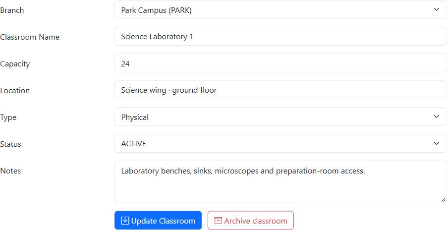 Science laboratory record with capacity for 24 pupils, ground-floor location and equipment notes