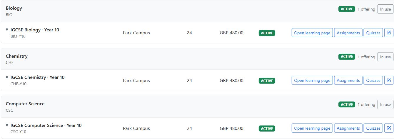 Grouped Biology, Chemistry and Computer Science offerings with learning and assessment links