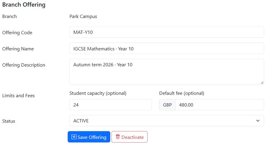Mathematics course offering with campus, capacity, active status and a £480 default fee
