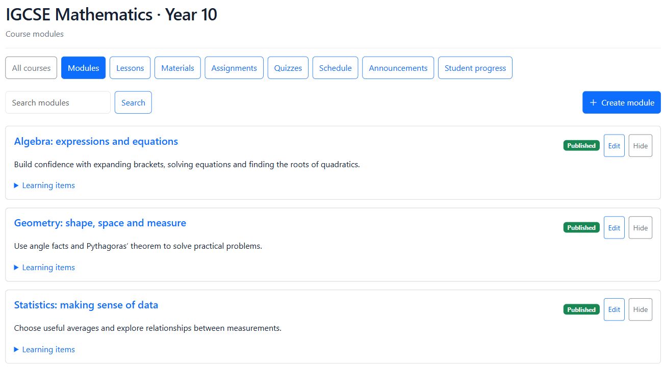 Mathematics course hub with published Algebra, Geometry and Statistics modules