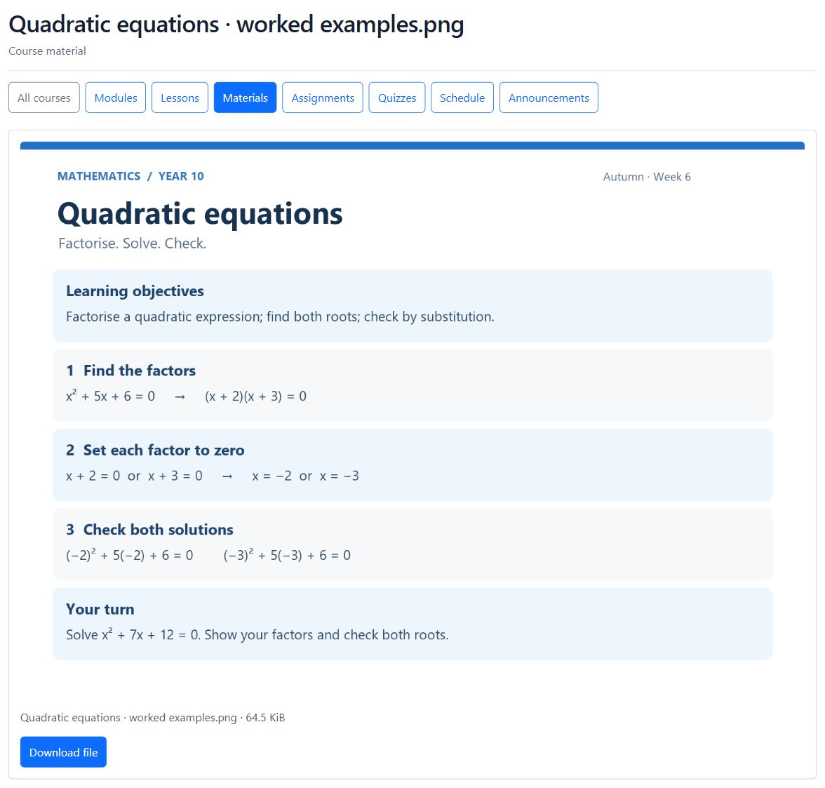 Published course material with its file name, file size and preview or download action