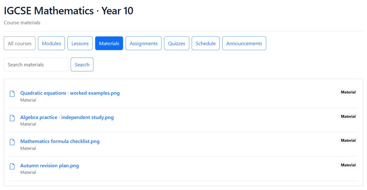 Course material library with named subject resources and file information