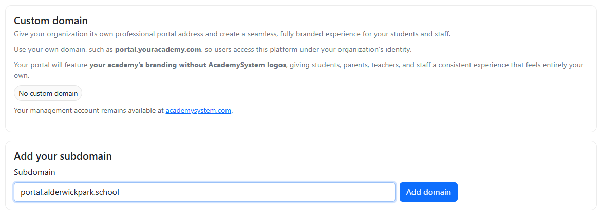 Custom-domain setup with a proposed school portal address entered in the add-domain form