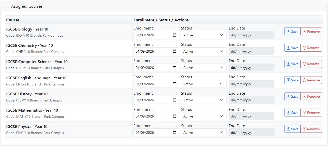 Student course assignments with subject names, enrolment dates and status