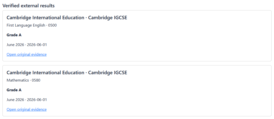 Student or guardian reader showing verified external examination details and an action to open original evidence
