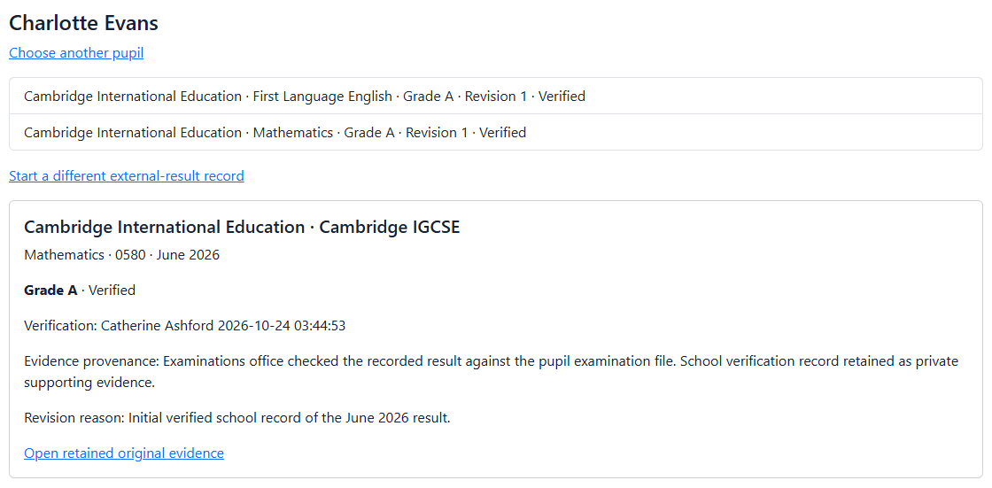External examination result record with awarding body, qualification, subject, session, exact result and verification details