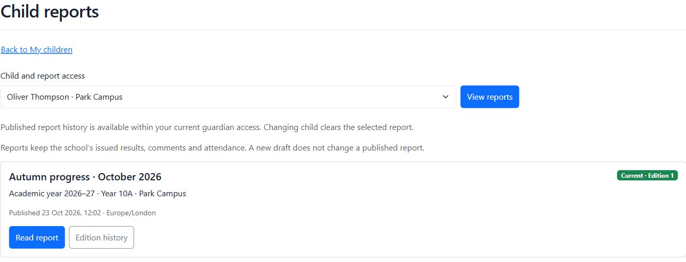 Parent report list showing a published autumn progress report for a linked child