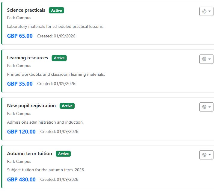 School fee catalogue with tuition, registration, resources and practical charges in pounds sterling