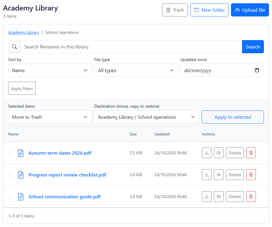 School operations folder with three named PDFs, file sizes, updated dates and search and filter controls