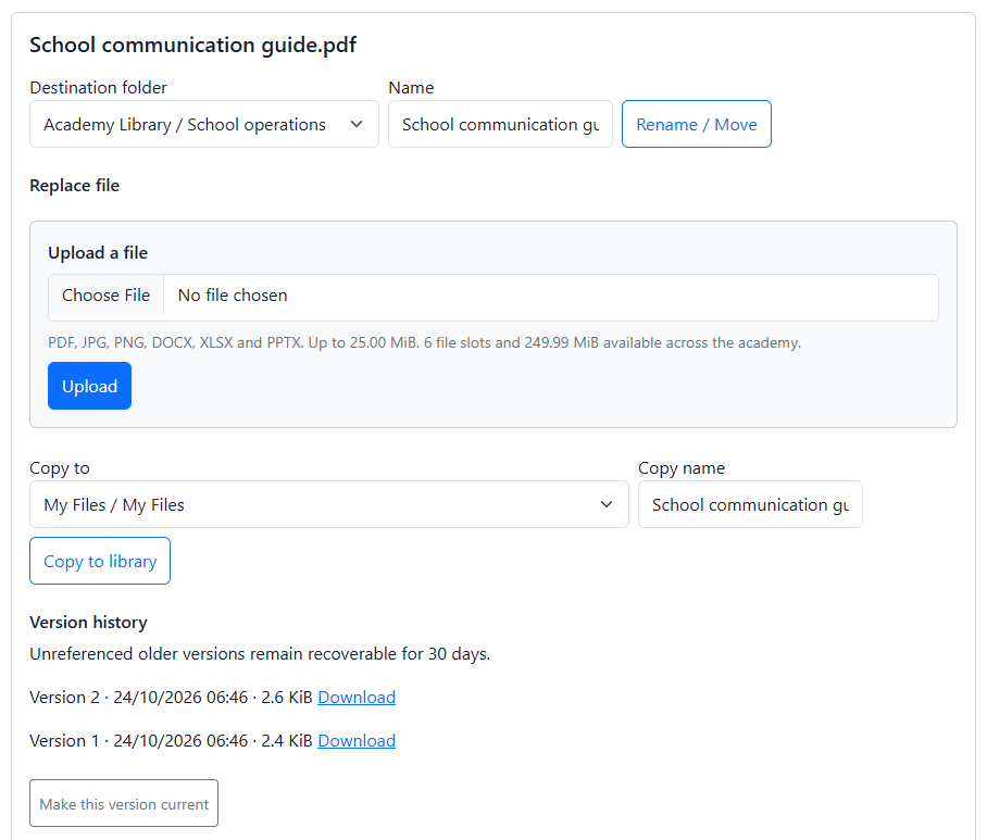 File details showing two available versions, download links and replacement and copy controls