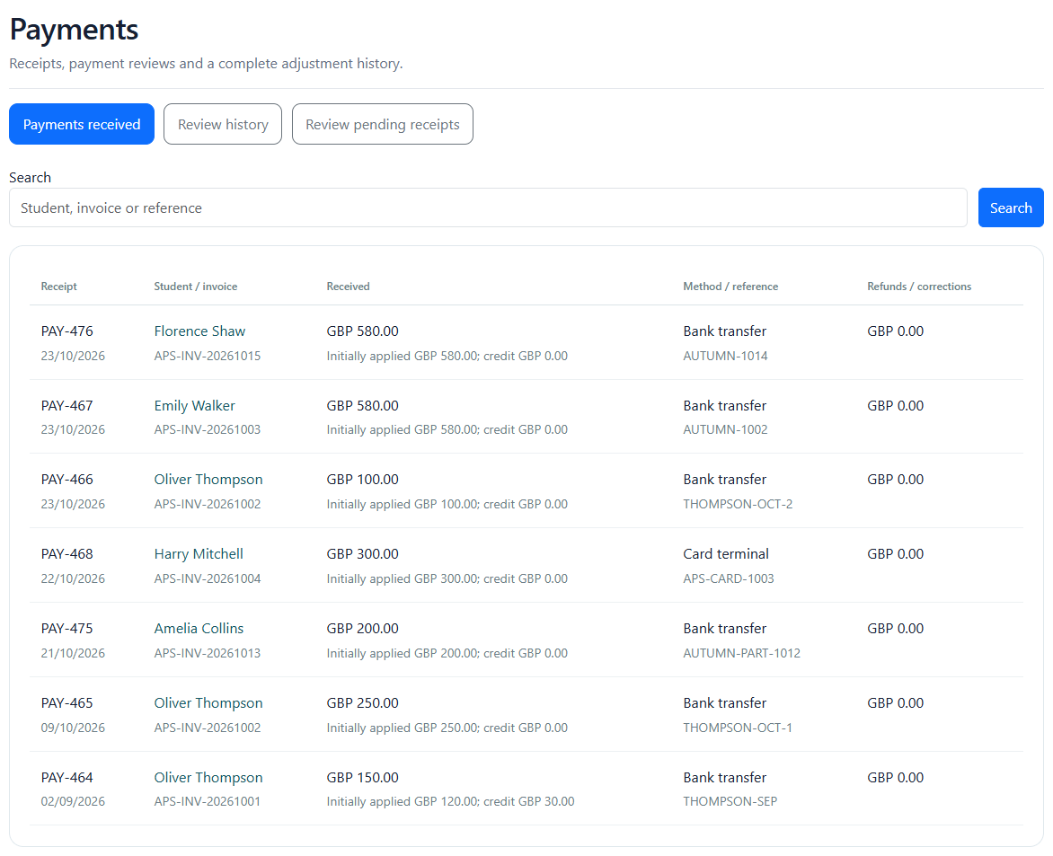 Finance receipt ledger with student invoices, received payments, methods and references