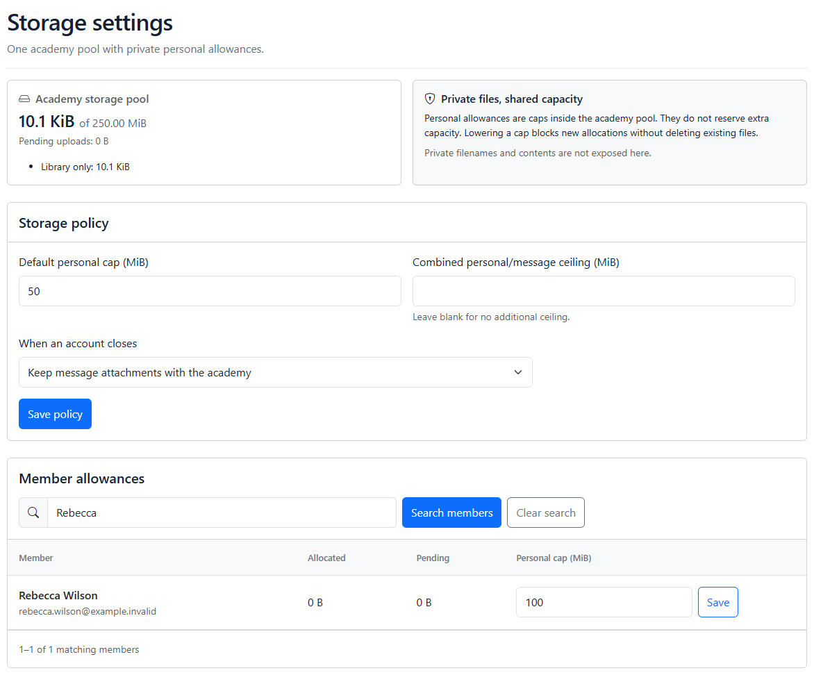 School storage usage and personal allowance settings available through the founder account
