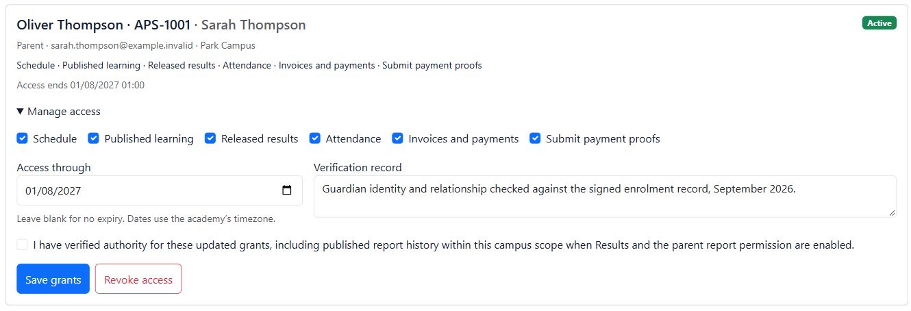Verified guardian access record with permitted information, access end date and verification note