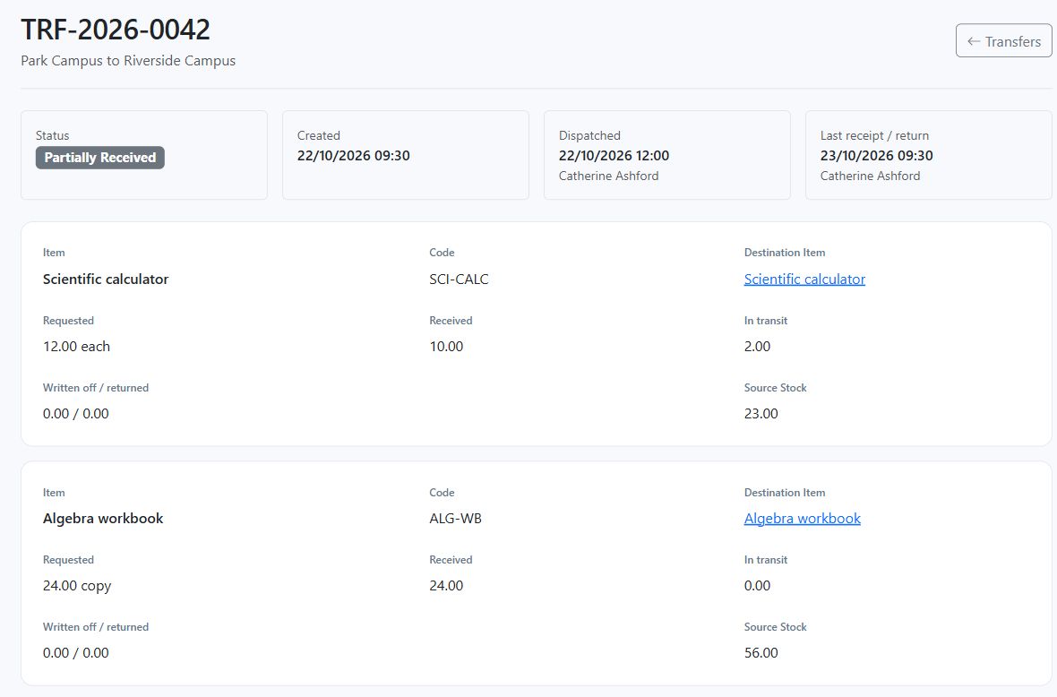 Campus stock transfer with source and destination, item quantities, transfer status and recorded movement details