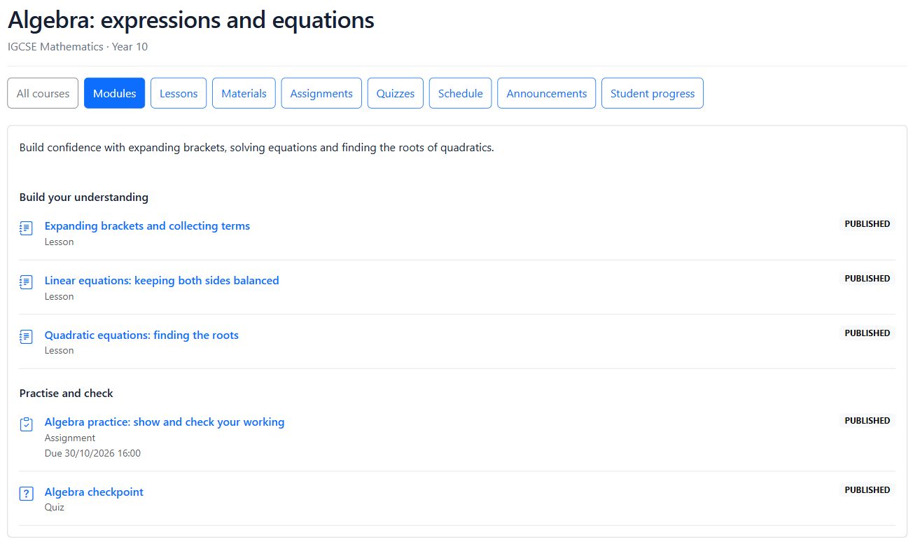 Algebra module containing lessons, a practice assignment and a checkpoint quiz