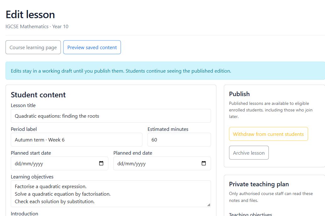 Lesson editor with student content and private teaching plan