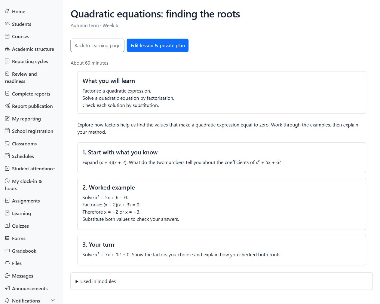 Quadratic equations lesson with objectives, worked examples and independent practice