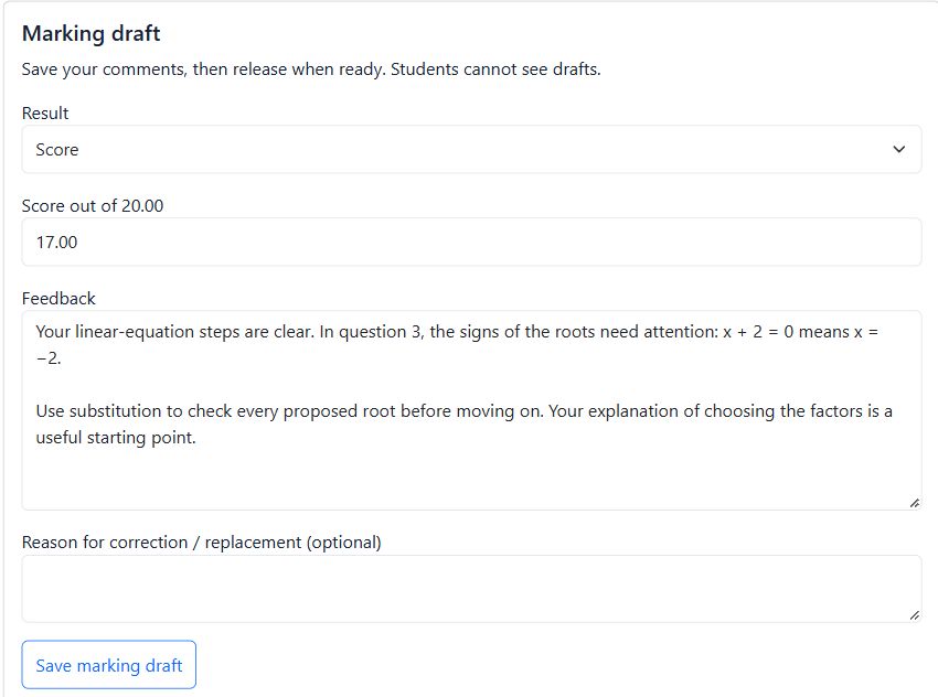 Teacher marking draft with an algebra score and specific written feedback