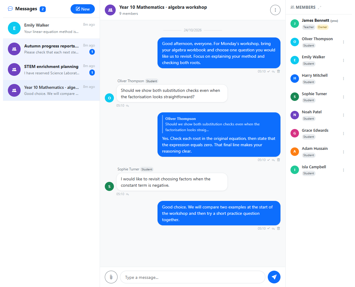 School messaging inbox with named conversations, message previews and unread counts