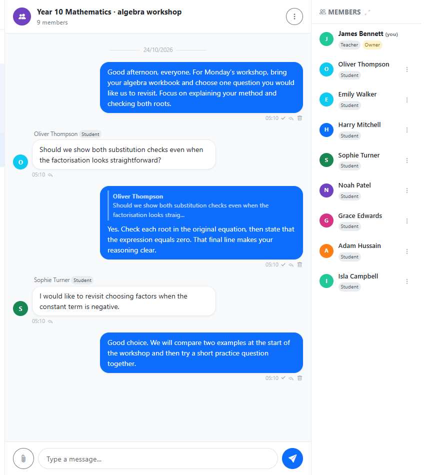 Course-focused conversation with named members, dated messages and a message reply area