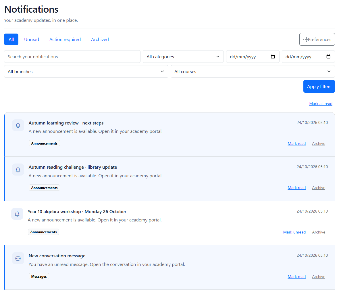Personal notification centre with school updates, categories, unread status and action-required filters