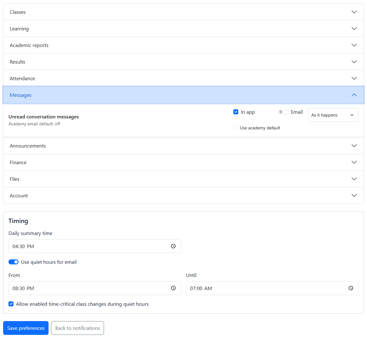 Notification preferences with category-level in-app and email choices, frequency settings and timing controls