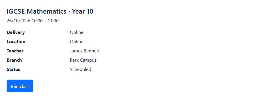 Student class details with Mathematics teacher, scheduled time, online delivery and Join class action