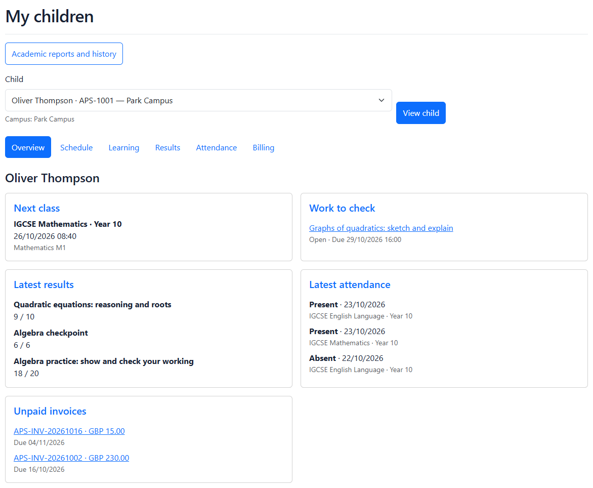 Parent portal with child selection, the next class, open work, released results, attendance and unpaid invoices
