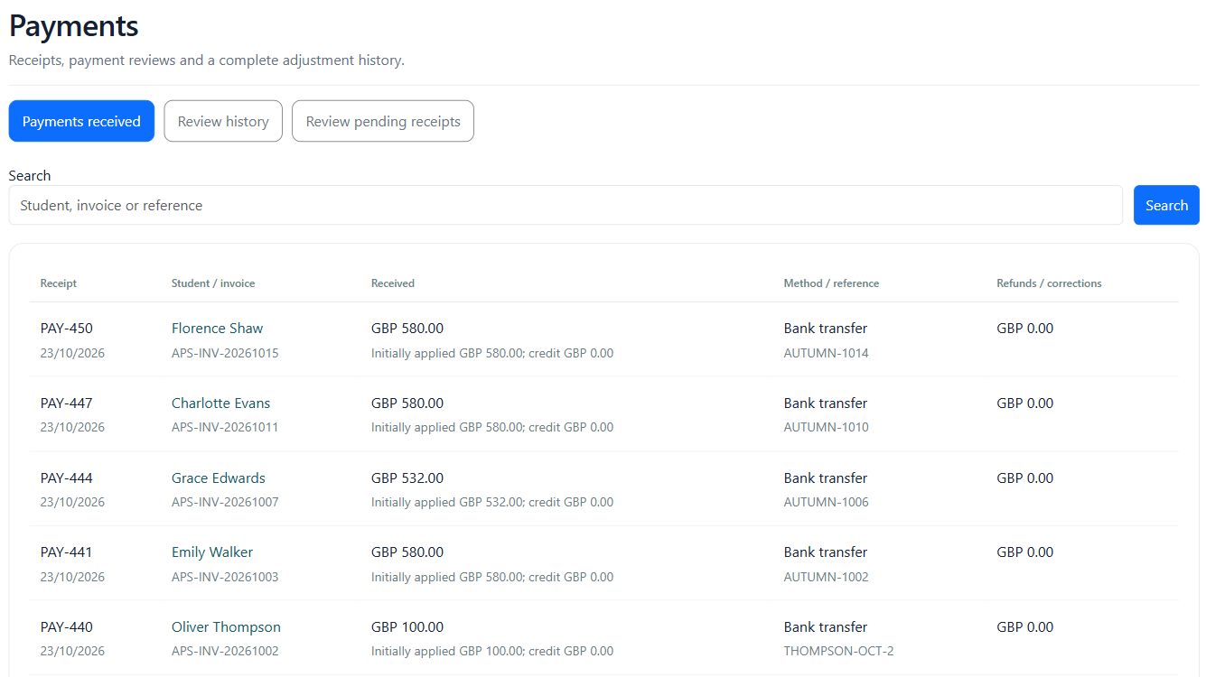 Payment ledger with student invoices, receipt dates, received amounts, payment methods and references