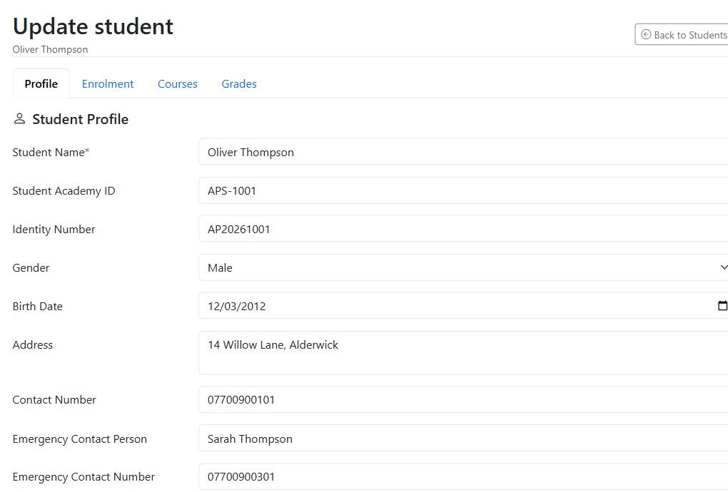 Student profile with contact and registration details