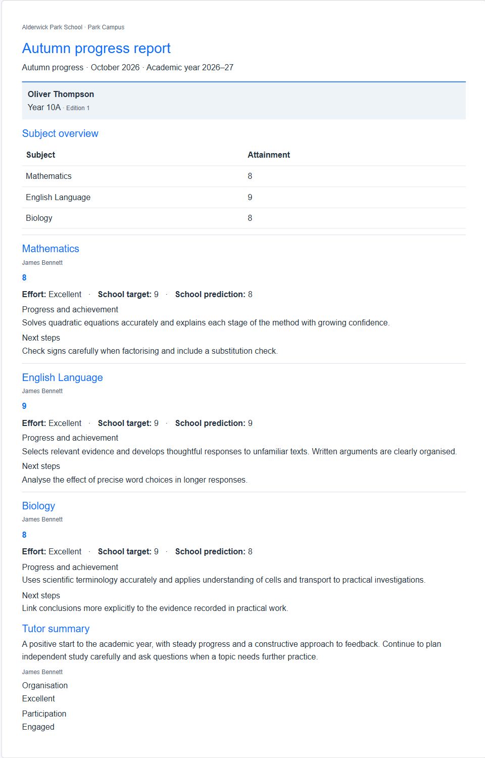 Published student progress report with Mathematics, English Language and Biology assessments and next steps