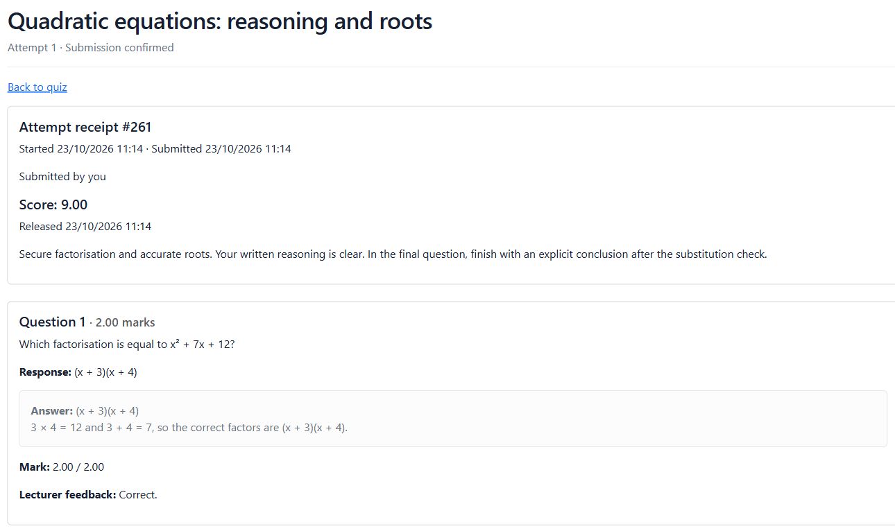 Released Algebra checkpoint result showing a student response, score and teacher feedback