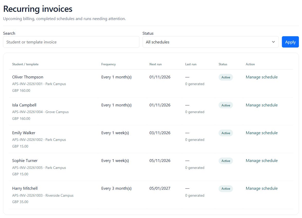 Recurring invoice register with student templates, frequency, next run, generated counts and schedule status