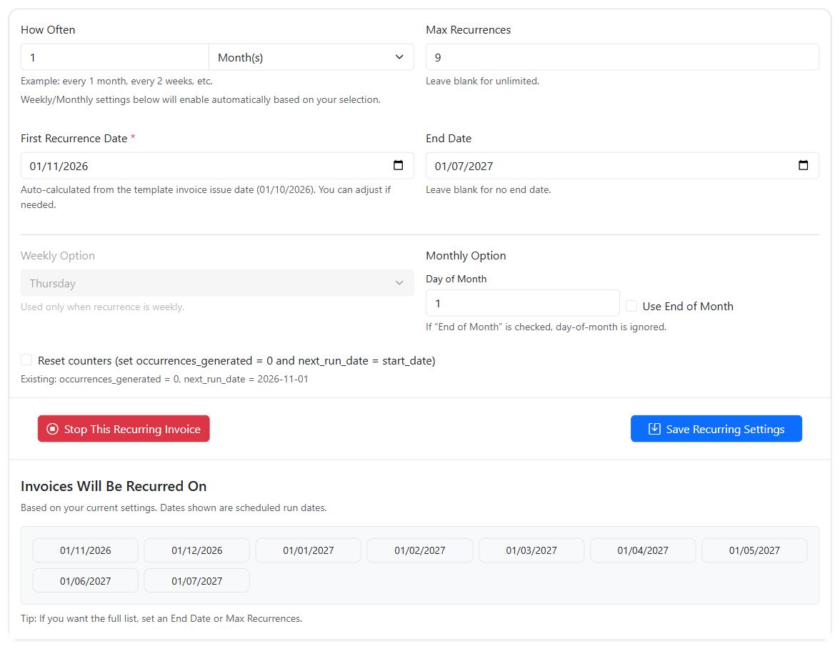 Recurring invoice settings with frequency, start date, schedule limits and future-date preview