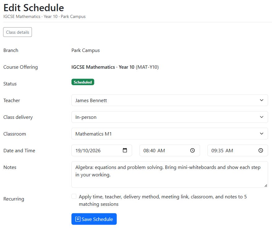 Mathematics schedule editor with teacher, classroom, date, time and recurring-session controls