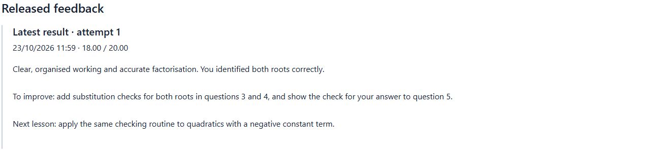Released Mathematics assignment score and feedback with a clear next learning step