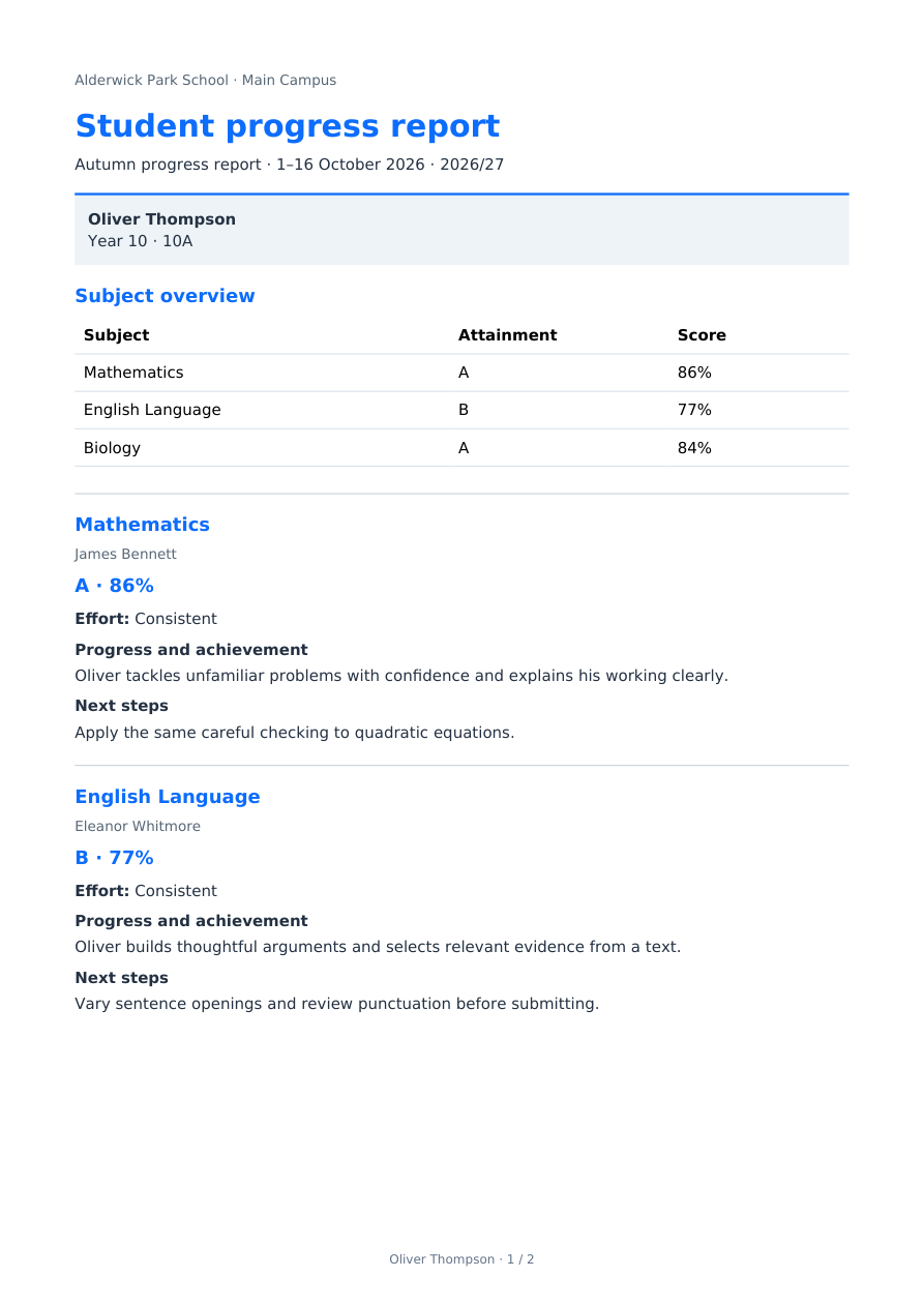 Student progress report with attainment, teacher comments and next steps
