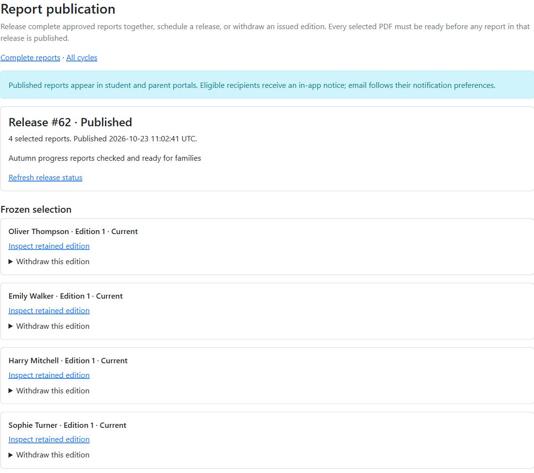 Published release with four selected pupil report editions and a recorded release reason