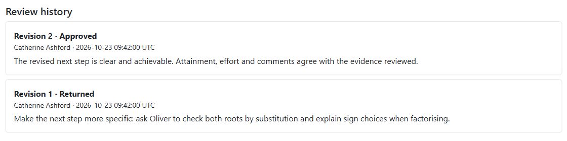 Review history showing a returned first revision and an approved second revision with specific reviewer feedback