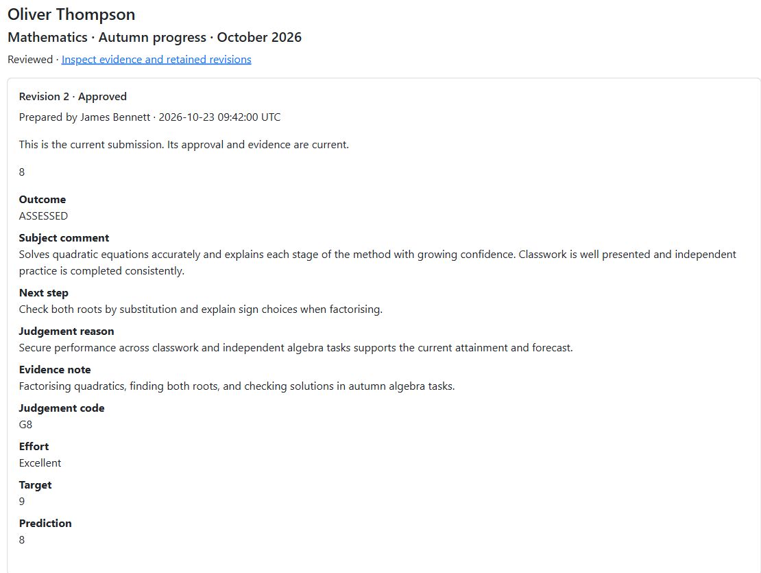Approved Mathematics report revision with attainment, comments and next step